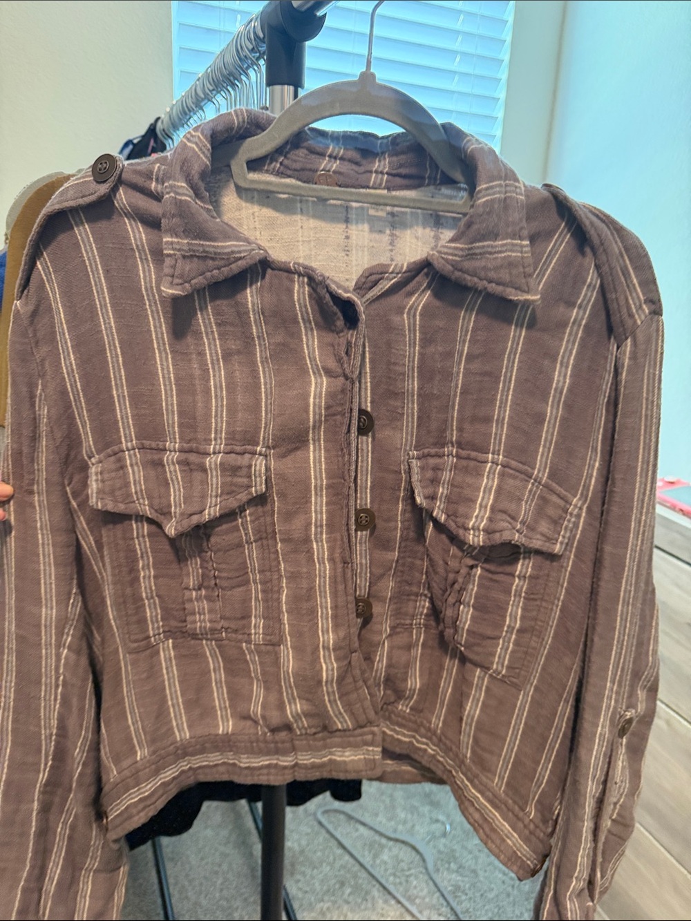 Free People One Striped Brown Button-Front Women's Jacket